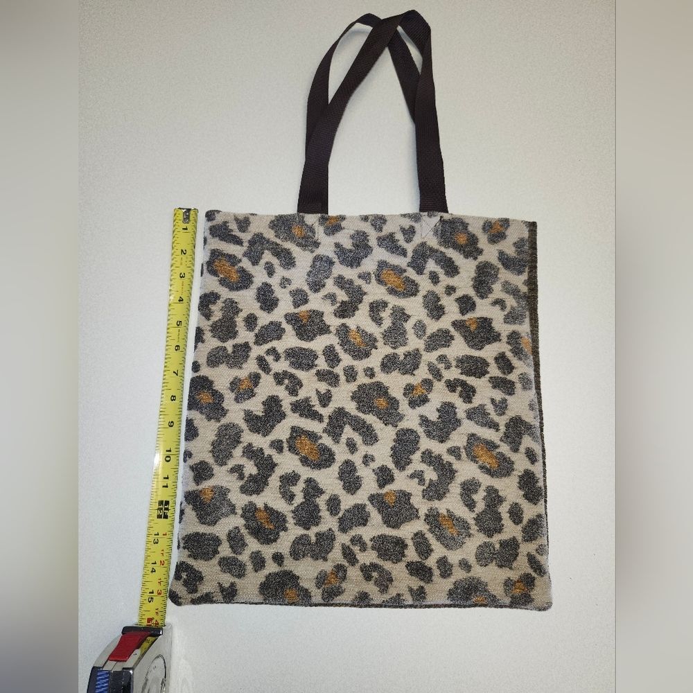 Handmade Cloth Bag, Animal Print & Olive Green, Brown Handles, 15" X 13.5"